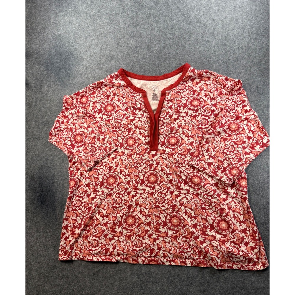 St Johns Bay Womens 3X Red White Floral Damask Split Neck 3/4 Sleeve Top